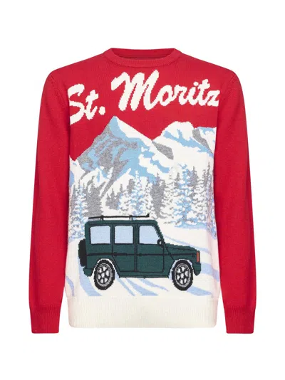 Mc2 Saint Barth Red Wool Blend Jacquard Postcard Heron Sweater In Multi