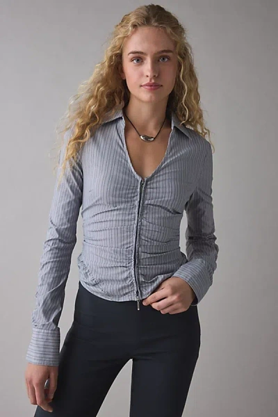 Kimchi Blue Penny Zip-front Slim Shirt Top In Grey, Women's At Urban Outfitters In Blue