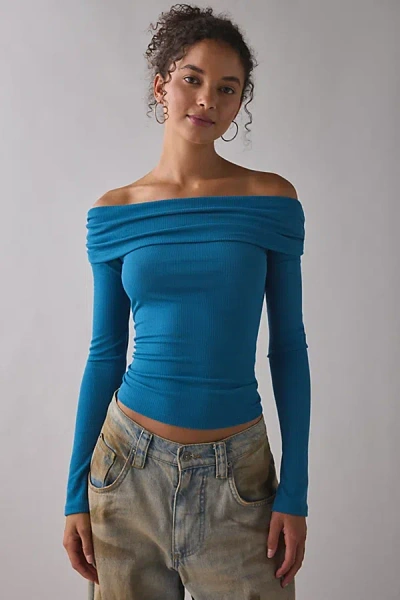Kimchi Blue Lily Ruched Foldover Off-the-shoulder Knit Top In Blue, Women's At Urban Outfitters In Blue