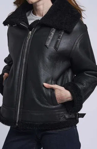 Blue Duck Leather Bomber Jacket With Genuine Shearling Trim In Black
