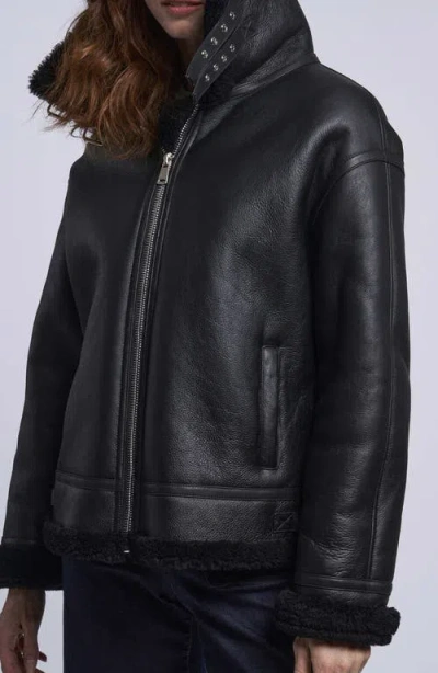 Blue Duck Leather Bomber Jacket With Genuine Shearling Trim In Black