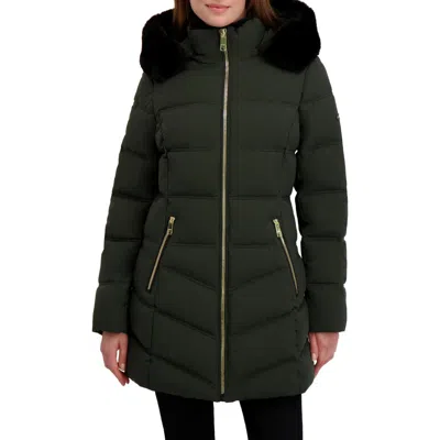 Laundry By Shelli Segal Soft Tech Puffer Jacket With Removable Faux Fur Trim Hood In Green