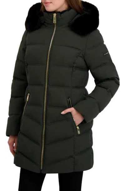 Laundry By Shelli Segal Soft Tech Puffer Jacket With Removable Faux Fur Trim Hood In Green