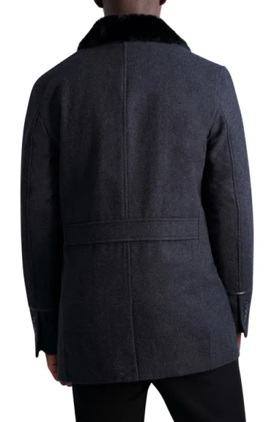 Karl Lagerfeld Paris Wool Blend Peacoat With Faux Fur Collar In Black