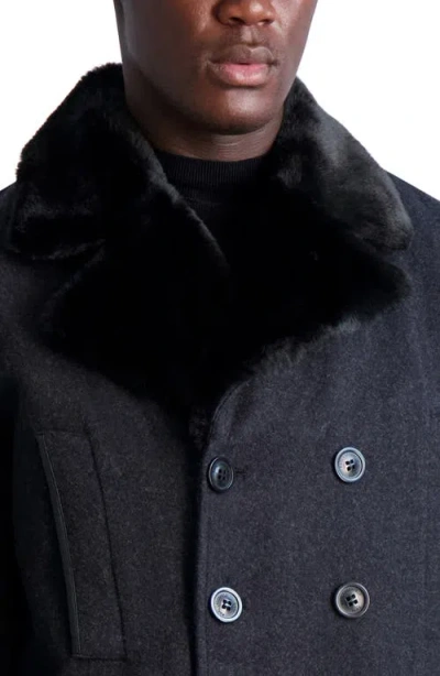 Karl Lagerfeld Paris Wool Blend Peacoat With Faux Fur Collar In Black