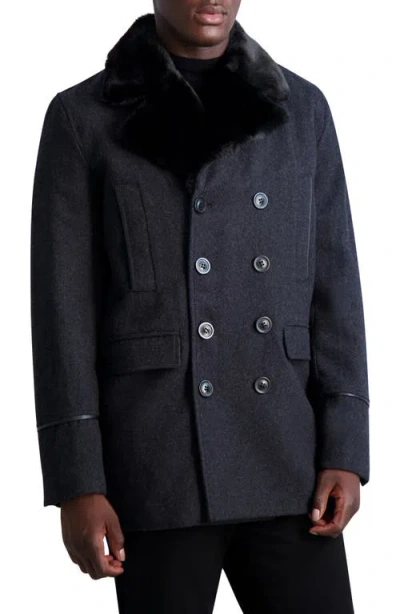 Karl Lagerfeld Paris Wool Blend Peacoat With Faux Fur Collar In Black