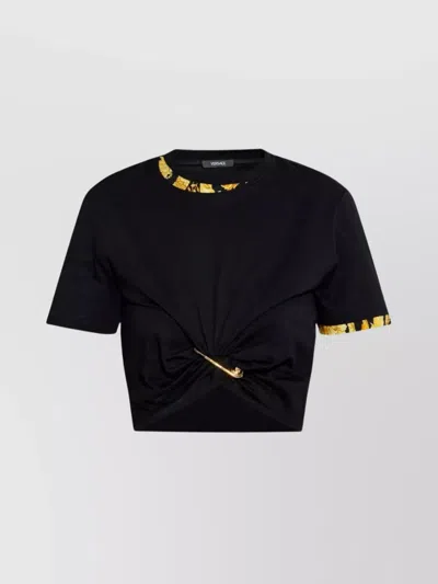 Versace Cropped T-shirt With Baroque Print Trim In Black