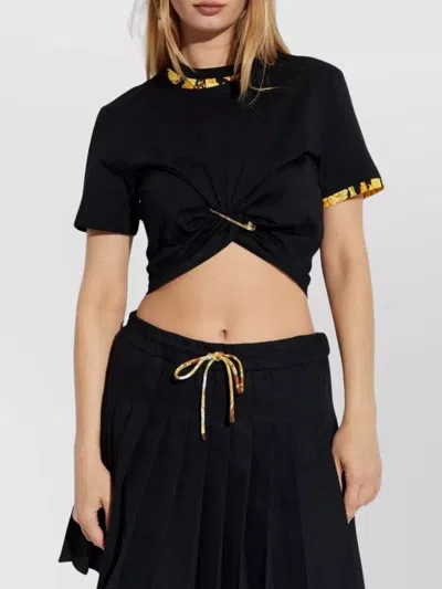Versace Cropped T-shirt With Baroque Print Trim In Black