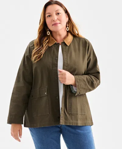 Style & Co Plus Size Canvas Collared Utility Jacket, Macy's Exclusive In Brown