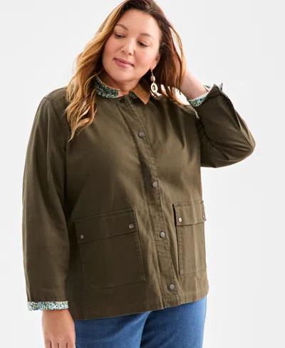 Style & Co Plus Size Canvas Collared Utility Jacket, Macy's Exclusive In Brown