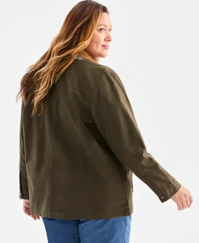 Style & Co Plus Size Canvas Collared Utility Jacket, Macy's Exclusive In Brown
