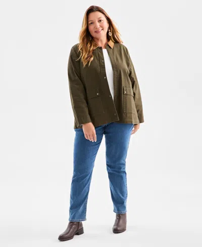Style & Co Plus Size Canvas Collared Utility Jacket, Macy's Exclusive In Brown