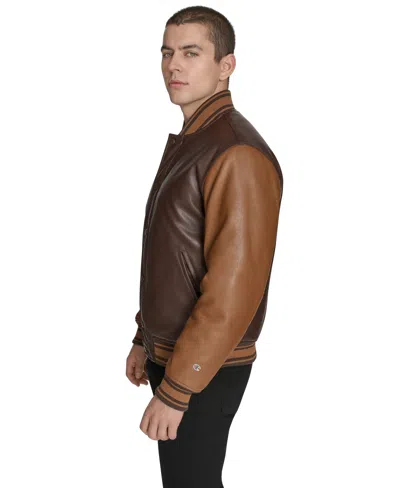 Champion Men's Faux Leather Varsity Jacket In Brown