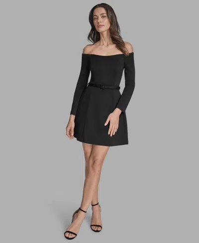 Bcbg Scuba Off-the-shoulder Belted Fnf In Black