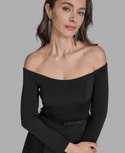 Bcbg Scuba Off-the-shoulder Belted Fnf In Black