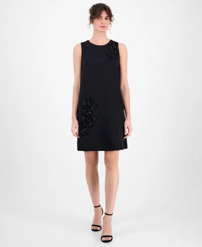 Anne Klein Floral Beaded Sleeveless Shift Dress In Black