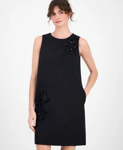 Anne Klein Floral Beaded Sleeveless Shift Dress In Black
