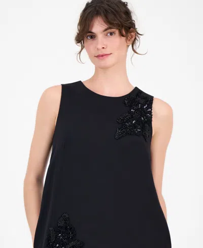 Anne Klein Floral Beaded Sleeveless Shift Dress In Black