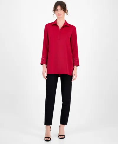 Anne Klein Women's Satin-collar Studded-cuff Top In Red
