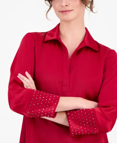 Anne Klein Women's Satin-collar Studded-cuff Top In Red