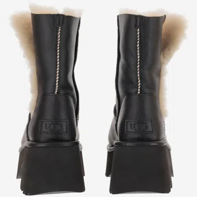 Ugg Fur-trimmed Black Leather Platform Boots With Block Heel In Black
