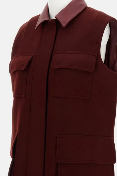 Max Mara Sleeveless Jacket With Leather Collar And Pockets In Red