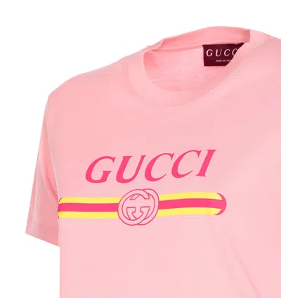 Gucci Women Pink Crewneck T-shirt With Logo Print On The Front In Cotton Woman