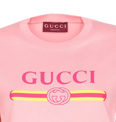 Gucci Women Pink Crewneck T-shirt With Logo Print On The Front In Cotton Woman