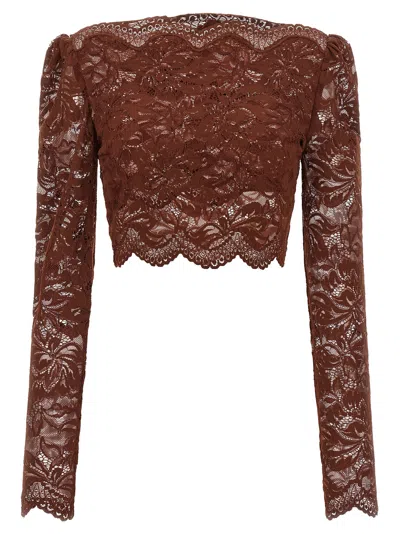 Rabanne Floral Lace Long Sleeve Cropped Top In Brown