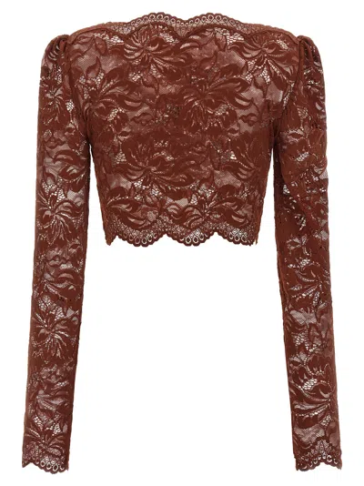 Rabanne Floral Lace Long Sleeve Cropped Top In Brown