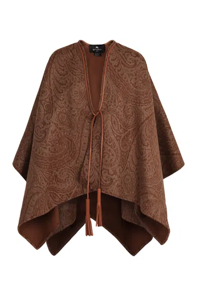 Etro Leather-trimmed Paisley-print Wool-blend Poncho In Brown