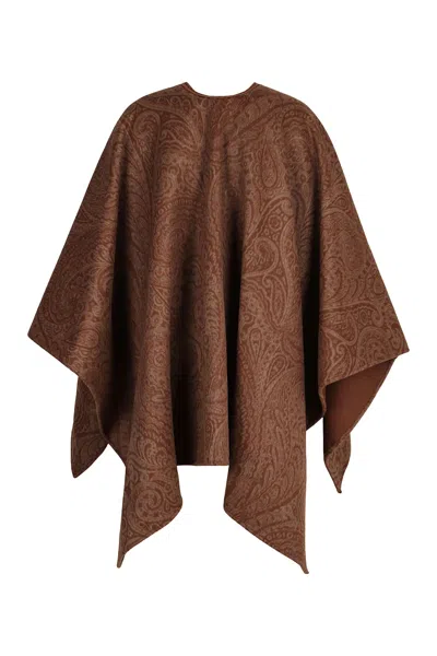 Etro Leather-trimmed Paisley-print Wool-blend Poncho In Brown