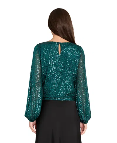 Tahari Asl Women's Long Sleeve Sequin Top In Green