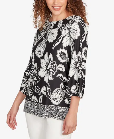 Ruby Rd. Petite Floral Geo Border Knit Top In Multi