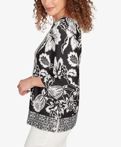 Ruby Rd. Petite Floral Geo Border Knit Top In Multi