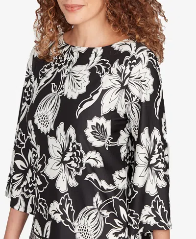 Ruby Rd. Petite Floral Geo Border Knit Top In Multi