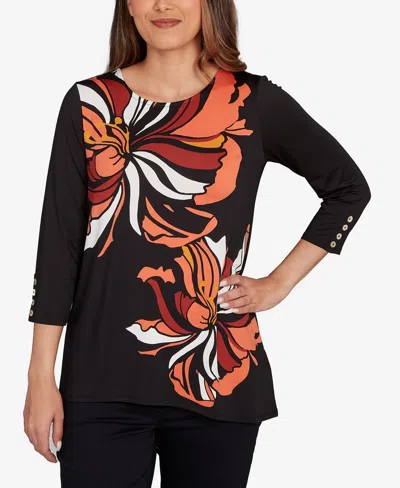 Ruby Rd. Petite Button Sleeve Bold Floral Top In Black
