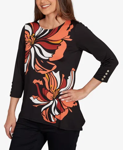 Ruby Rd. Petite Button Sleeve Bold Floral Top In Black