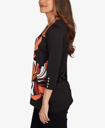 Ruby Rd. Petite Button Sleeve Bold Floral Top In Black