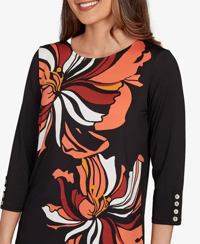 Ruby Rd. Petite Button Sleeve Bold Floral Top In Black