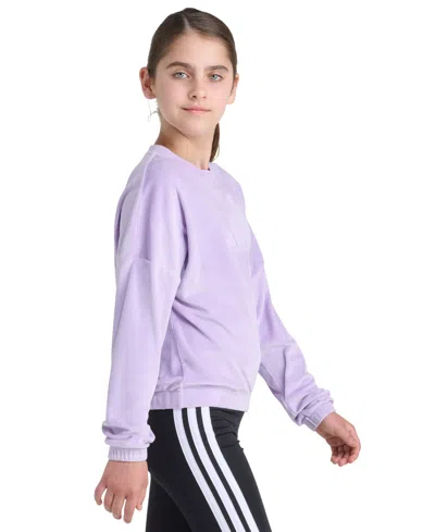 Adidas Originals Big Girl S-xl Long Sleeve Velour Crewneck Pullover Sweatshirt In Purple