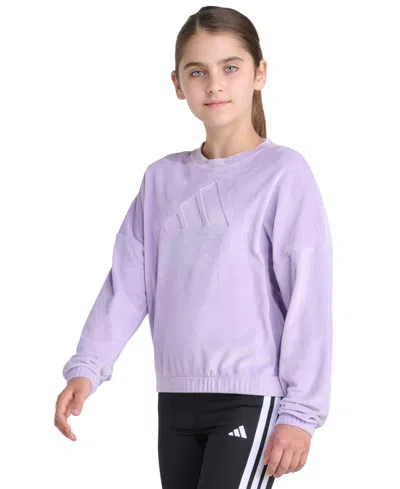 Adidas Originals Big Girl S-xl Long Sleeve Velour Crewneck Pullover Sweatshirt In Purple