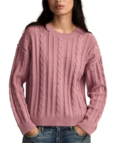 Lucky Brand Cable Stitch Crewneck Cotton Sweater In Pink