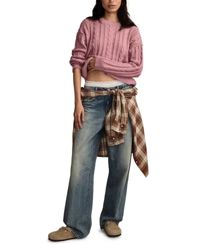 Lucky Brand Cable Stitch Crewneck Cotton Sweater In Pink