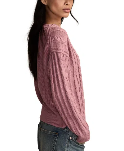 Lucky Brand Cable Stitch Crewneck Cotton Sweater In Pink