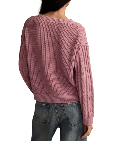 Lucky Brand Cable Stitch Crewneck Cotton Sweater In Pink