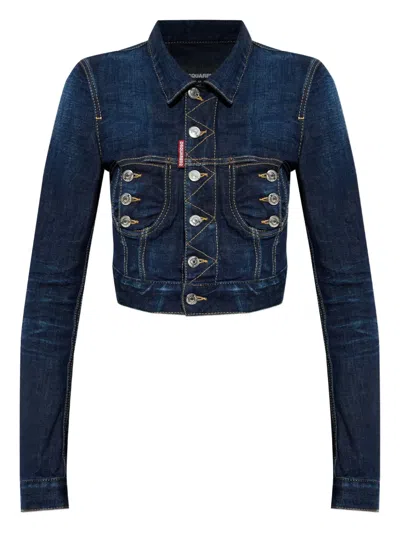 Dsquared2 Blue Denim Crop Jacket With Zip And Buttons In Blue