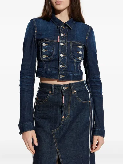Dsquared2 Blue Denim Crop Jacket With Zip And Buttons In Blue