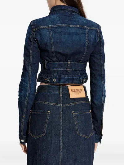 Dsquared2 Blue Denim Crop Jacket With Zip And Buttons In Blue