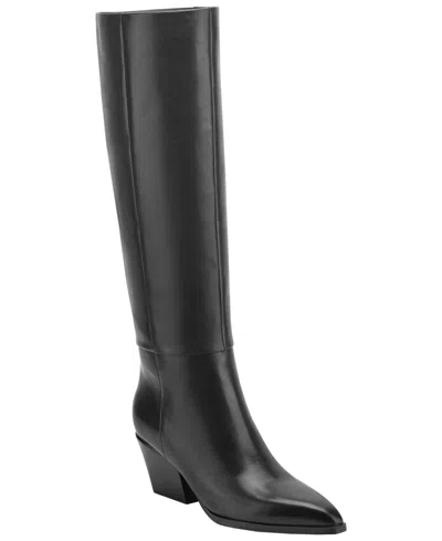 Marc Fisher Ltd Tarrie Stacked Heel Leather Knee-high Boots In Black